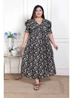 Doriyaan - Women Plus Size Black Puff Sleeve Floral Pure Cotton Maxi Dress