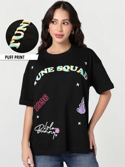 Bewakoof - Women's Black Tune Squad Graphic Printed Oversized T-Shirt