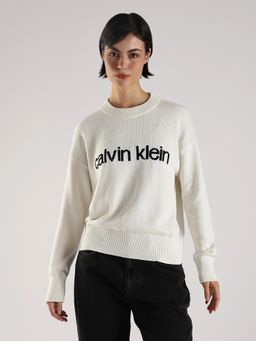 Calvin Klein - Off White Regular Fit Cotton Crew Neck Sweater