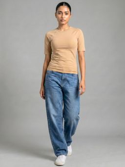 Uptownie - Beige Cotton Lycra Raglan Sleeve T-Shirt