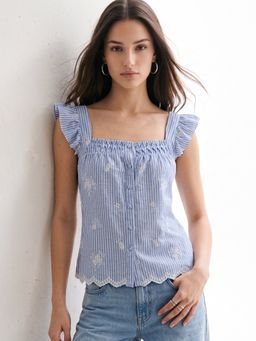 Outzidr - Light Blue Ruffle Sleeve Scallop Edge Floral Embroidery Top