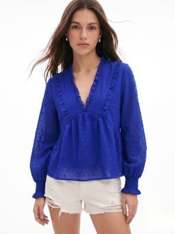 Outzidr - Blue Ruffle Edge Bishop Sleeve Top
