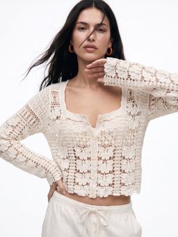 Outzidr - Cream Full Sleeve Crochet Front Buttoned Top