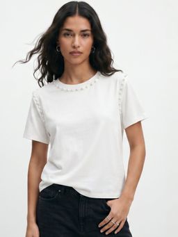 Outzidr - White Crew Neck Studded T-Shirt