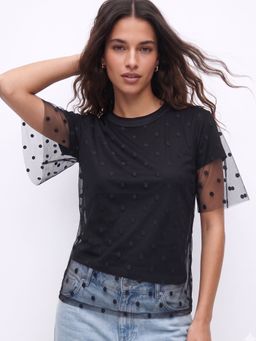 Outzidr - Black Twofer Styled Polka Dotted Tulle With Solid T-Shirt