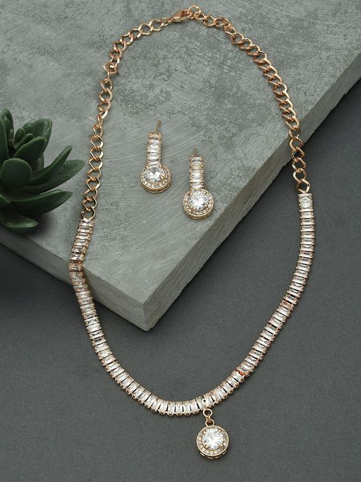 Zaveri Pearls Rose Gold Baguette Diamonds Necklace & Earring Set-ZPFK15239