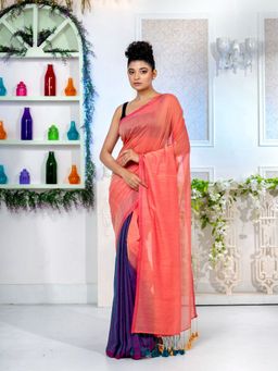 CHARUKRITI - Peach and Purple Pure Cotton Half Handwoven Soft Dual Tone Saree with Unstitched Blouse