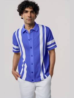 TERRA LUNA - Palma Khadi Knit Collar Blue Shirt