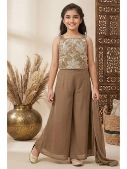 Lagorii - Mocha Brown Sequins And Bead Embroidered Top And Flared Palazzo Set