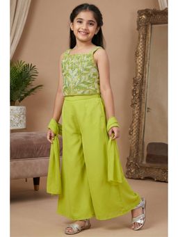 Lagorii - Lime Green Bead Embroidered Top And Flared Palazzo with Dupatta