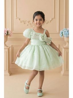 Lagorii - Pista Green One-Shoulder Party Frock with 3D Floral Bow