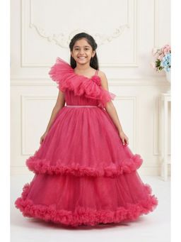 Lagorii - Rani Pink One-Shoulder Net Party Gown with Layered Ruffle Hem
