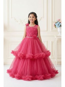 Lagorii - Rani Pink Layered Net Party Gown with Floral Ruffle Hem