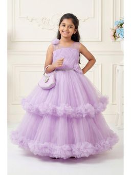 Lagorii - Purple Layered Net Party Gown with Floral Ruffle Hem