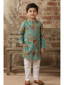 Lagorii - Sea Green Printed Kurta with Cream Pyjama
