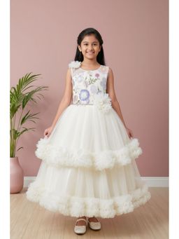 Lagorii - Off-White Floral Embroidered Net Party Gown with Layered Ruffle Hem