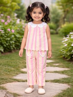 Mi Arcus - Cotton Stripes Design Top with Patch Pocket Design Trousers