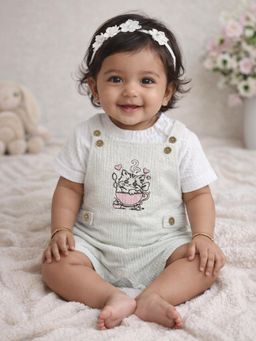 Mi Arcus - Cotton Solid White Top with Green Dungaree for Baby Girls