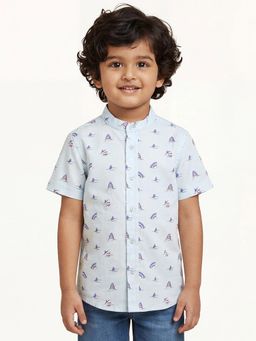 Campana - Boys Pure Cotton Half Sleeves Mandarin Collar Printed Shirt - Light Blue