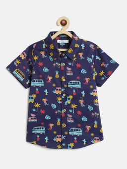Campana - Boys Pure Cotton Half Sleeves Tropical Print Shirt - Navy Blue