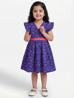 Campana - Girls Pure Cotton Floral Printed Crossover Dress - Navy Blue