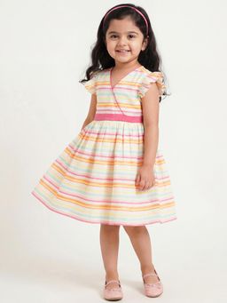 Campana - Girls Pure Cotton Striped Crossover Dress - White and Pink