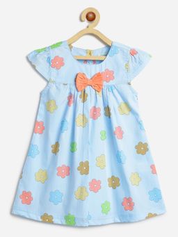 Campana - Girls Pure Cotton Floral Printed Dress With Bow - Light Blue