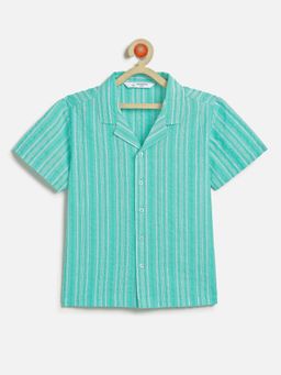 Campana - Boys Pure Cotton Half Sleeves Striped Resort Shirt - Turquoise