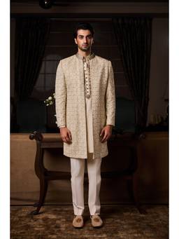 Nitika Gujral - Beige Geometric Kurta With Pants and Embroidery Sherwani Jacket