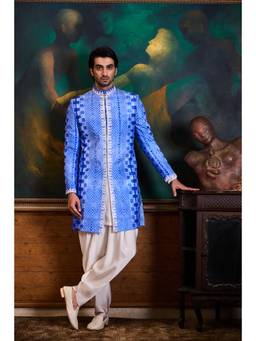 Nitika Gujral - Blue Shibori Short Sherwani Kurta With Dhoti Pants and Jacket