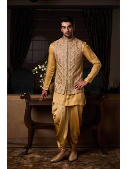 Nitika Gujral - Gold Bundi Jacket Beige Kurta With Dhoti Pants and Jacket