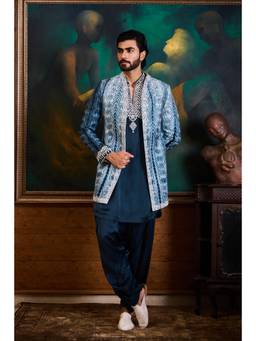 Nitika Gujral - Teal Shibori Kurta With Salwar and Jacket