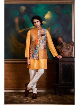 Nitika Gujral - Mustard Yellow Printed Kurta With Churidar and Jacket