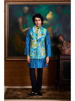 Nitika Gujral - Turq Blue Printed Kurta With Pants and Jacket