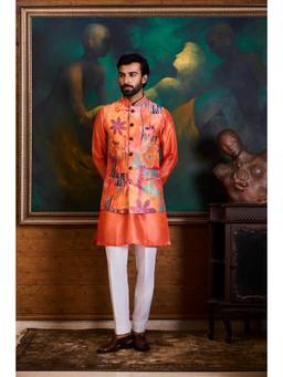 Nitika Gujral - Peach Coral Printed Kurta With Pants and Jacket