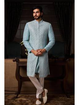 Nitika Gujral - Jade Blue Raw Silk Kurta With Trouser and Jacket