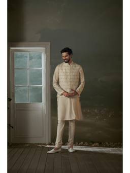 Nitika Gujral - Orange Raw Silk Embroidered Nehru Jacket with Kurta and Pant