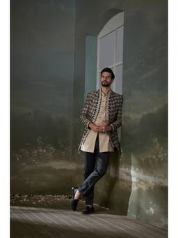 Nitika Gujral - Beige Kurta With Trouser with Coral Embroidered Raw Silk Jacket