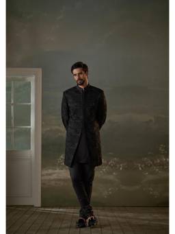 Nitika Gujral - Black Kurta With Salwar and Raw Silk All Over Embroidered Nehru Jacket