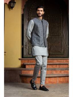 Nitika Gujral - Steel Grey Kurta and Pant with all Over Embroidered Raw Silk Nehru Jacket