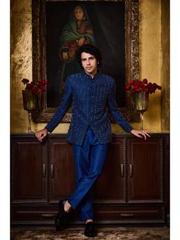 Nitika Gujral - Cobalt Blue Raw Silk Jodhpuri Coat With Pants