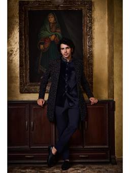Nitika Gujral - Blue Velvet Vest With Pants and Open Jacket