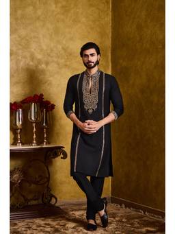 Nitika Gujral - Black Cotton Silk Kasab Embroidery Kurta With Churidar