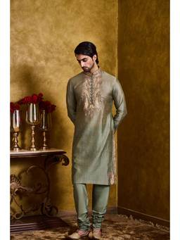 Nitika Gujral - Dark Olive Green Chanderi Kurta with Churidar