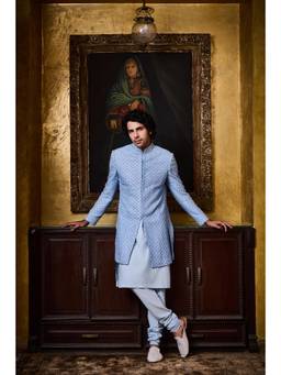 Nitika Gujral - Sky Blue Short Sherwani Kurta with Churidar and Jacket