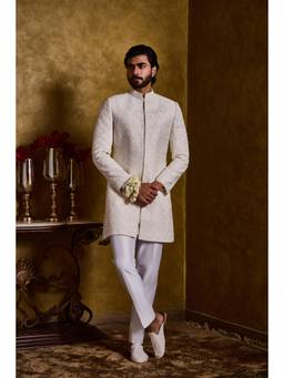 Nitika Gujral - Ivory Raw Silk Sherwani Short Self Embroidery Kurta with Pants and Jacket