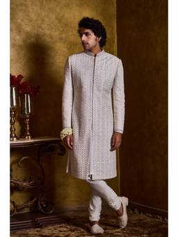 Nitika Gujral - Ivory Sherwani with Silver Embroidery Kurta with Churidar and Jacket