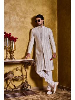 Nitika Gujral - Ivory Sherwani Zig Zag Pattern Silver Work Kurta with Churidar and Jacket