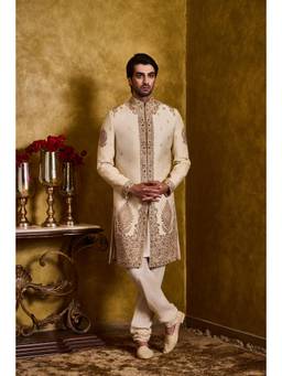 Nitika Gujral - Beige Monga Banarasi Kurta with Churidar and Jacket