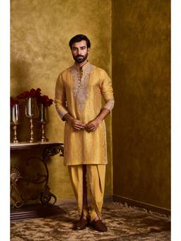 Nitika Gujral - Mustard Tissue Chanderi Kurta with Dhoti